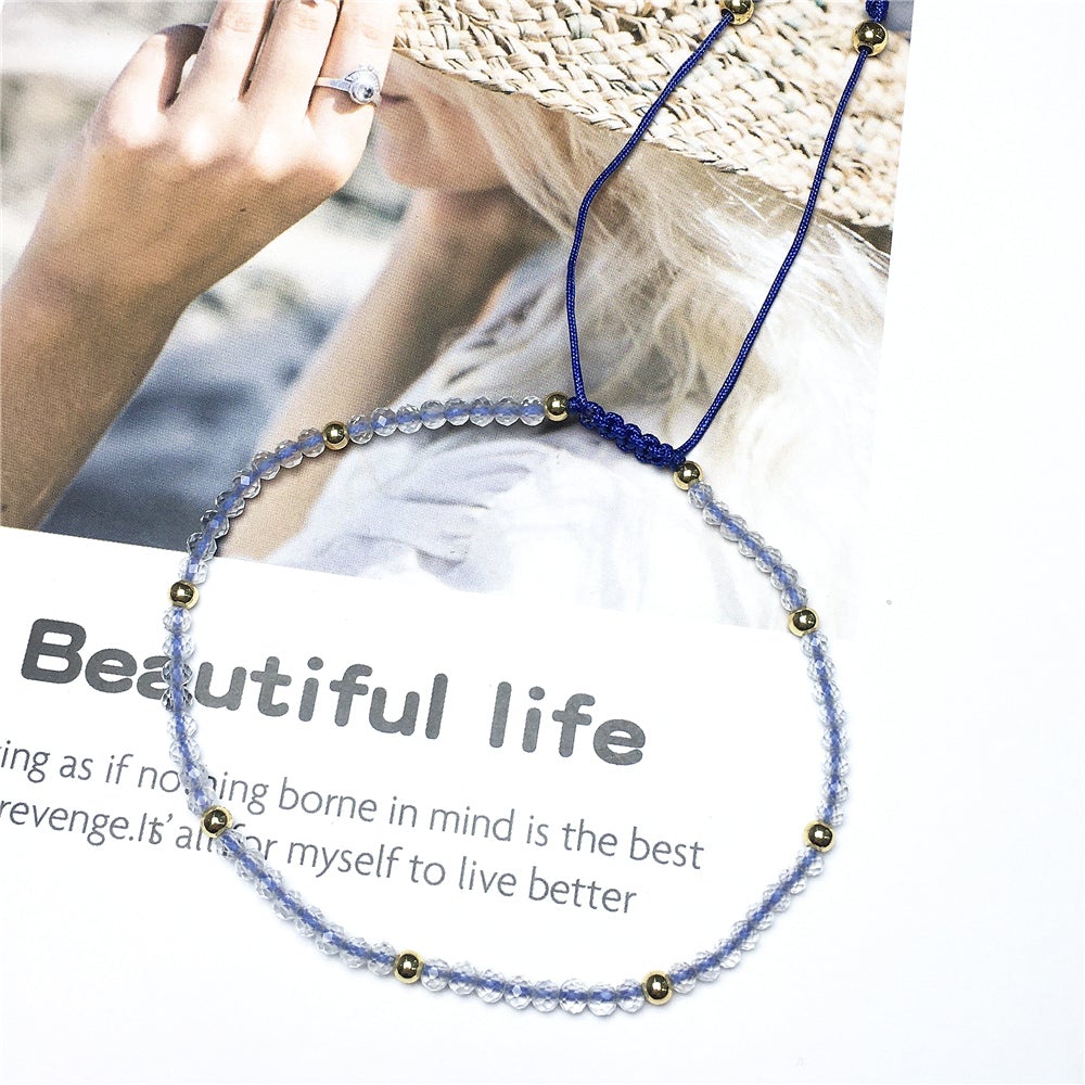 Natural Clear Quartz Gemstone Braid Rope Macrame Adjustable Bracelet Tiny Beads Gemstone Bracelet with Gold Beads Spacer
