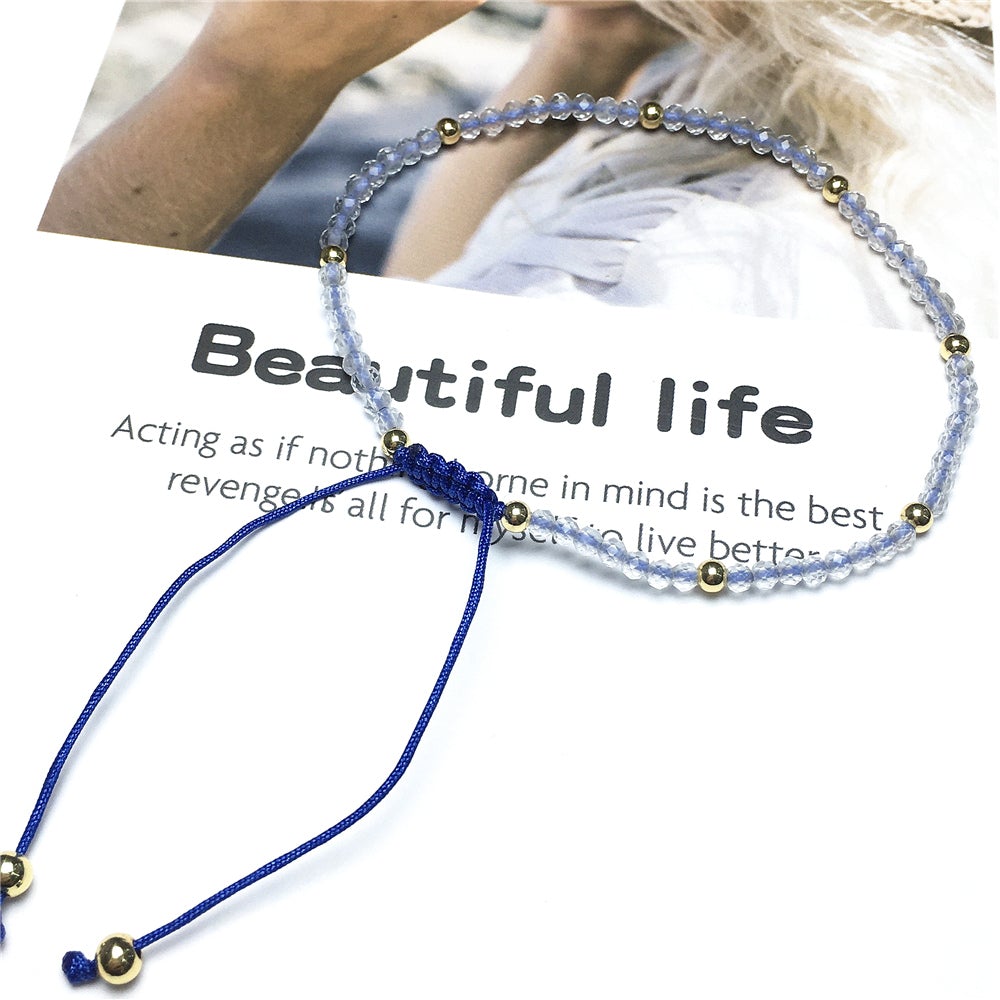 Natural Clear Quartz Gemstone Braid Rope Macrame Adjustable Bracelet Tiny Beads Gemstone Bracelet with Gold Beads Spacer