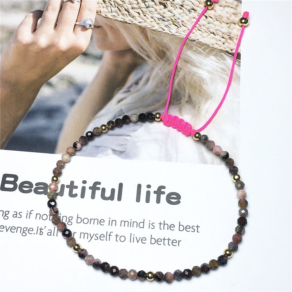 Natural Pink Rhodonite Gemstone Braid Rope Macrame Adjustable Bracelet Tiny Beads Gemstone Bracelet with Gold Beads Spacer