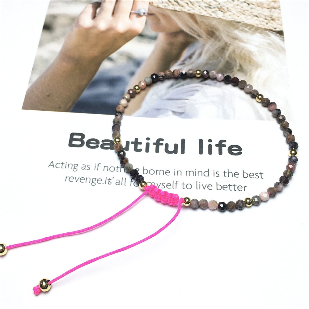 Natural Pink Rhodonite Gemstone Braid Rope Macrame Adjustable Bracelet Tiny Beads Gemstone Bracelet with Gold Beads Spacer