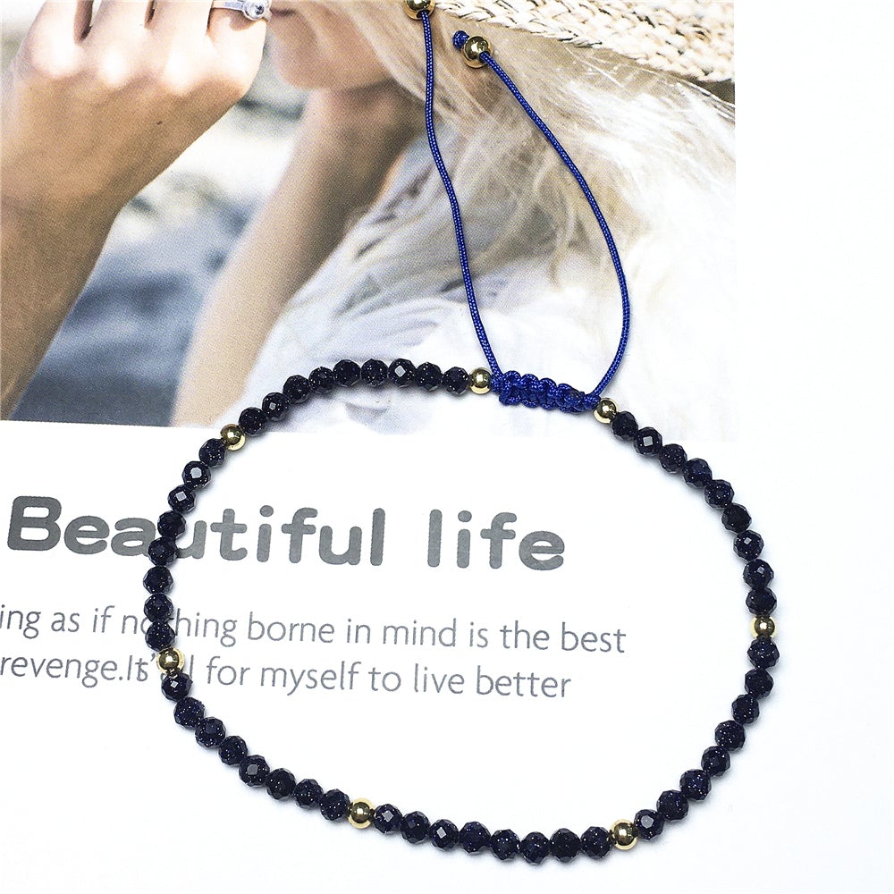 Natural Blue Sandstone Gemstone Braid Rope Macrame Adjustable Bracelet Tiny Beads Gemstone Bracelet with Gold Beads Spacer