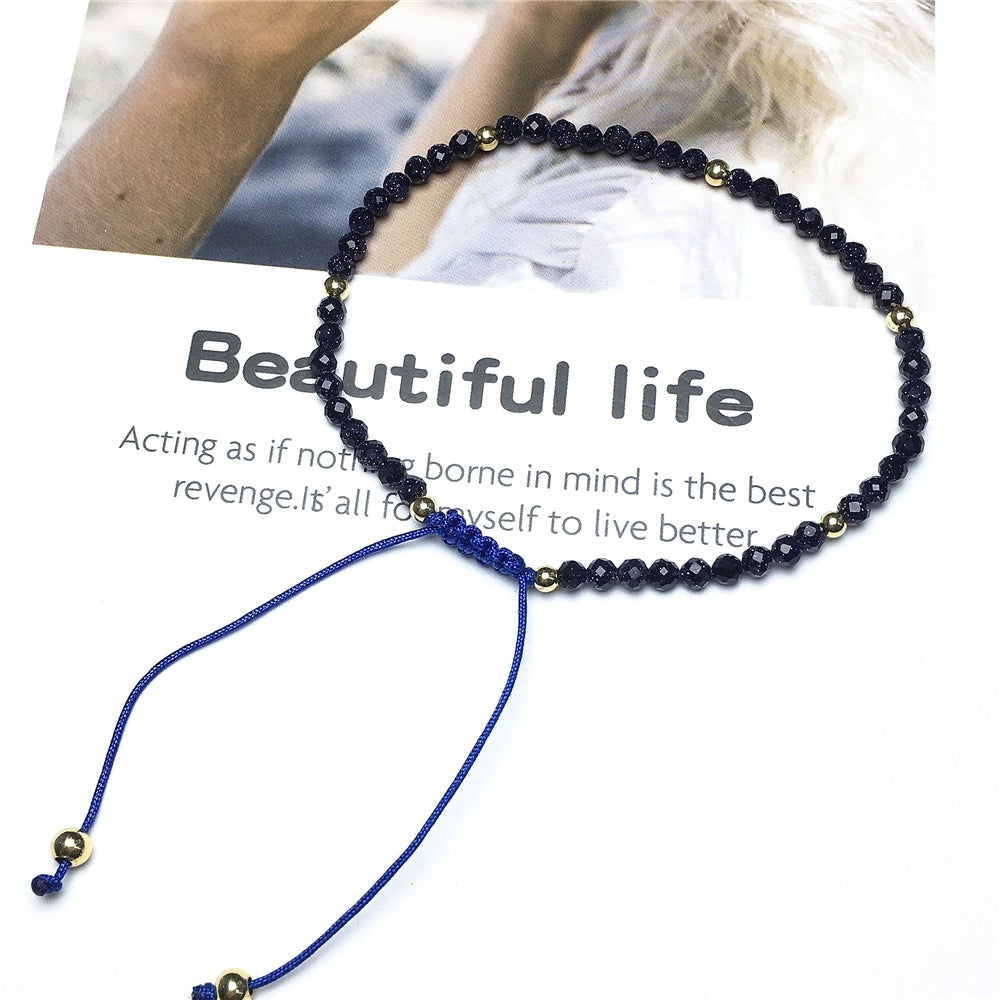 Natural Blue Sandstone Gemstone Braid Rope Macrame Adjustable Bracelet Tiny Beads Gemstone Bracelet with Gold Beads Spacer