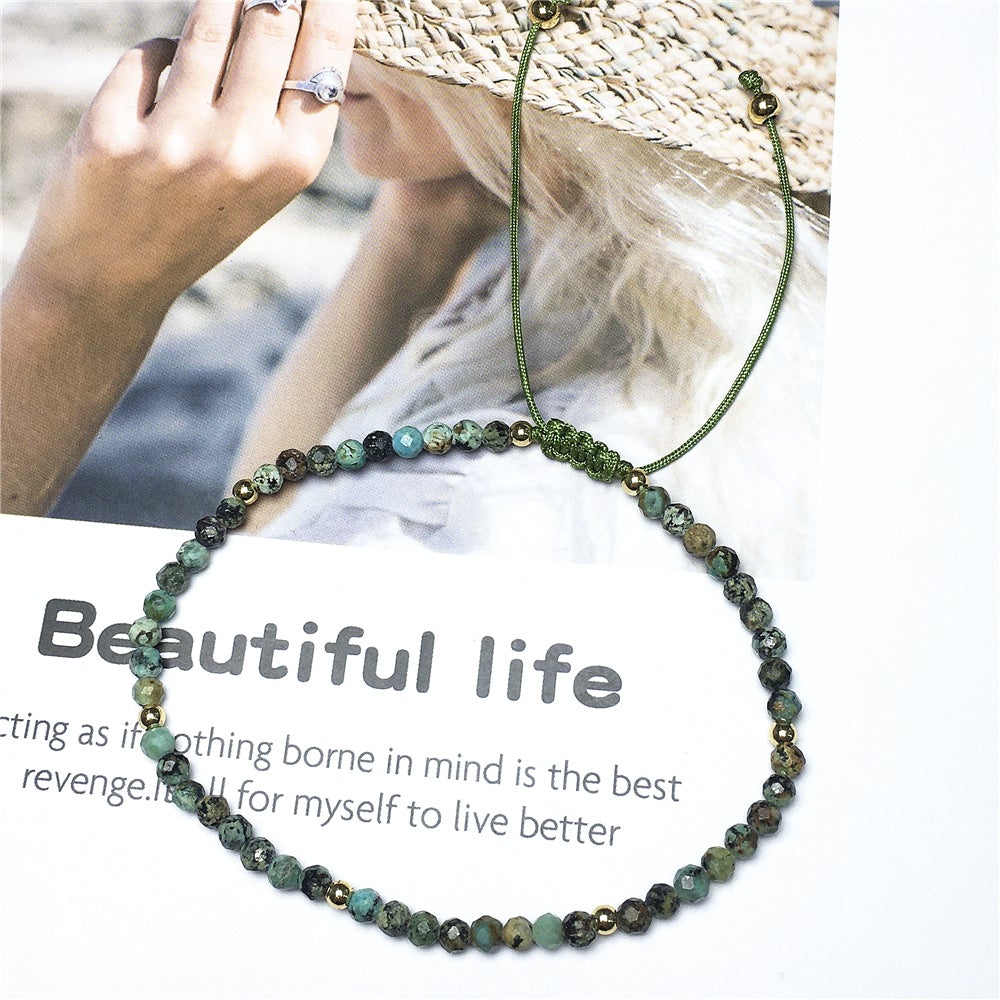 Natural African Turquoise Gemstone Braid Rope Macrame Adjustable Bracelet Tiny Beads Gemstone Bracelet with Gold Beads Spacer