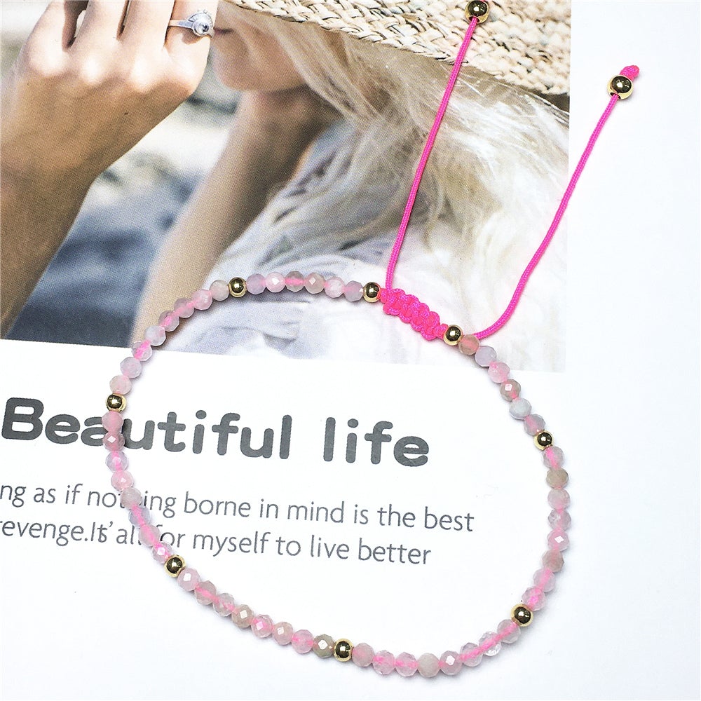 Natural Morganite Gemstone Braid Rope Macrame Adjustable Bracelet Tiny Beads Gemstone Bracelet with Gold Beads Spacer