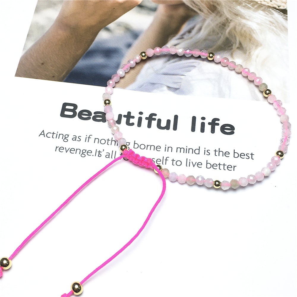 Natural Morganite Gemstone Braid Rope Macrame Adjustable Bracelet Tiny Beads Gemstone Bracelet with Gold Beads Spacer