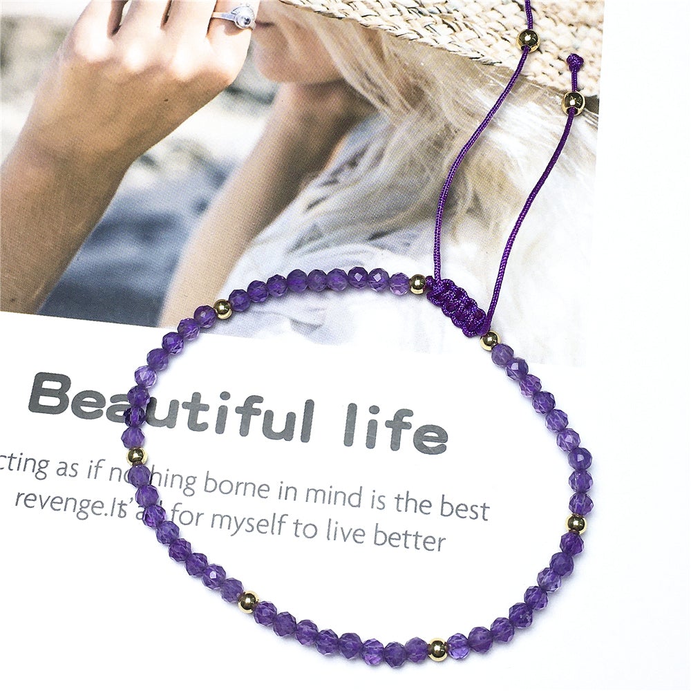Natural Amethyst Gemstone Braid Rope Macrame Adjustable Bracelet Tiny Beads Gemstone Bracelet with Gold Beads Spacer