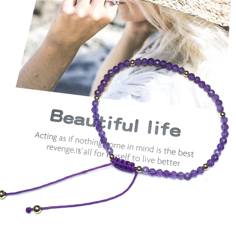 Natural Amethyst Gemstone Braid Rope Macrame Adjustable Bracelet Tiny Beads Gemstone Bracelet with Gold Beads Spacer