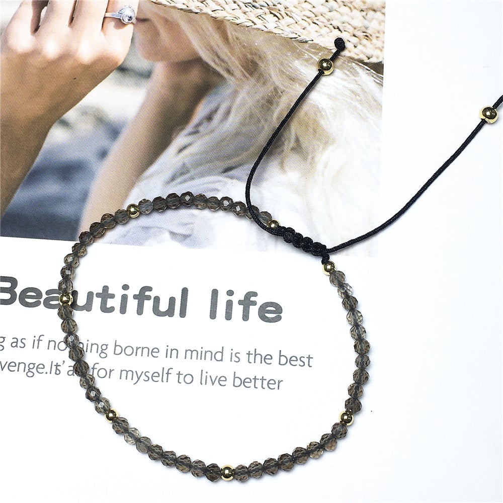 Natural Smoky Quartz Gemstone Braid Rope Macrame Adjustable Bracelet Tiny Beads Gemstone Bracelet with Gold Beads Spacer