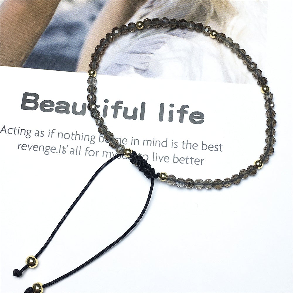 Natural Smoky Quartz Gemstone Braid Rope Macrame Adjustable Bracelet Tiny Beads Gemstone Bracelet with Gold Beads Spacer