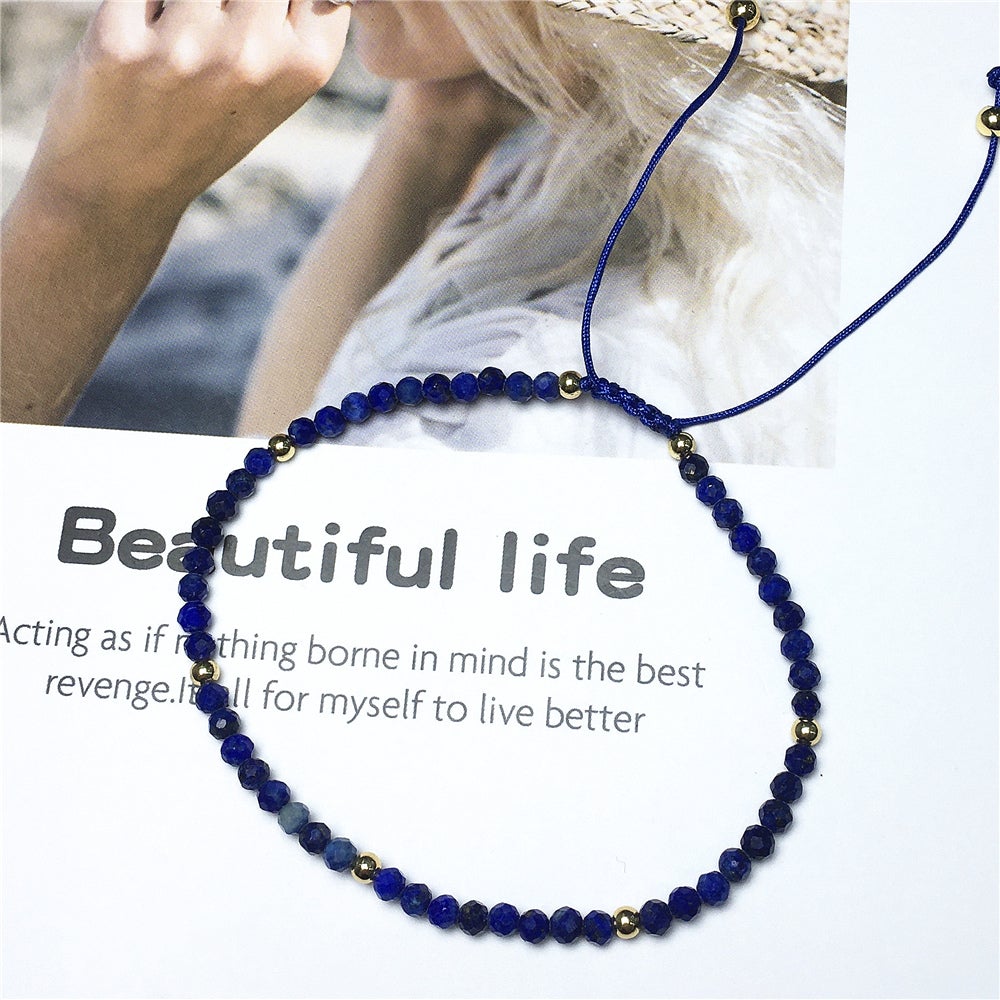 Natural Lapis Lazuli Gemstone Braid Rope Macrame Adjustable Bracelet Tiny Beads Gemstone Bracelet with Gold Beads Spacer