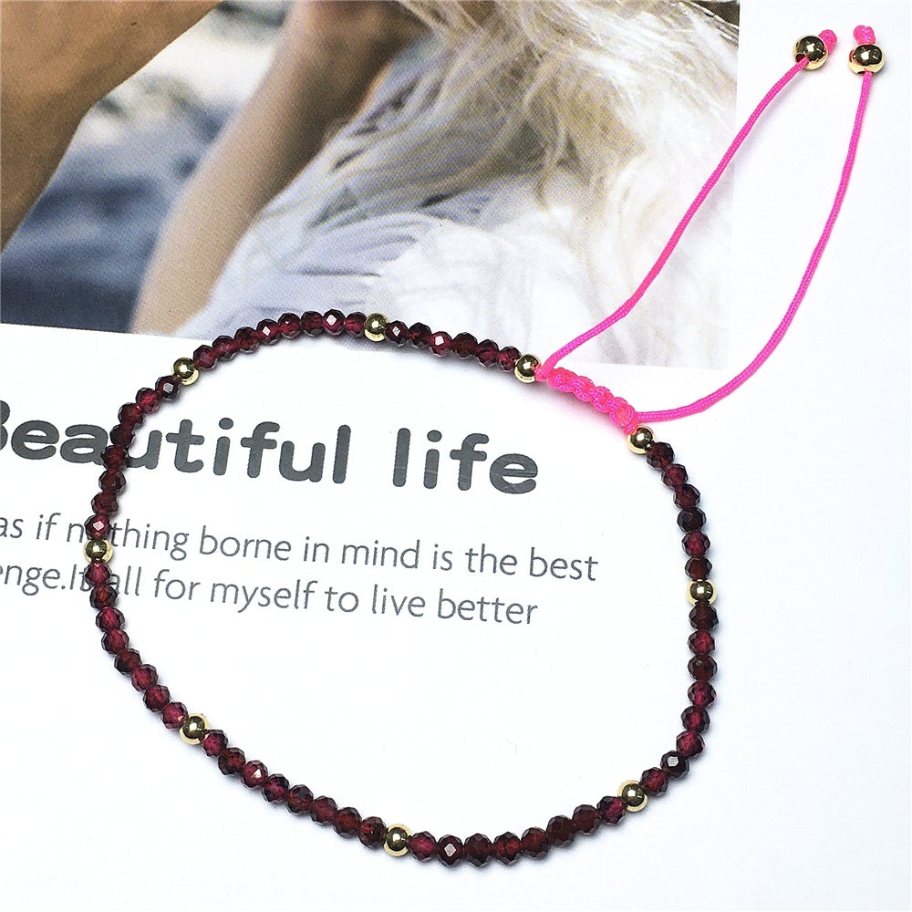 Natural Red Garnet Gemstone Braid Rope Macrame Adjustable Bracelet Tiny Beads Gemstone Bracelet with Gold Beads Spacer