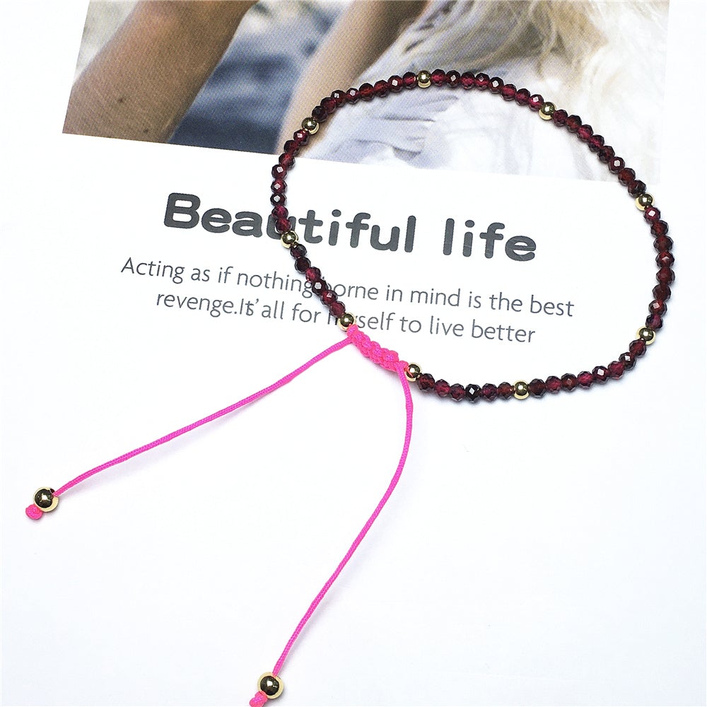 Natural Red Garnet Gemstone Braid Rope Macrame Adjustable Bracelet Tiny Beads Gemstone Bracelet with Gold Beads Spacer