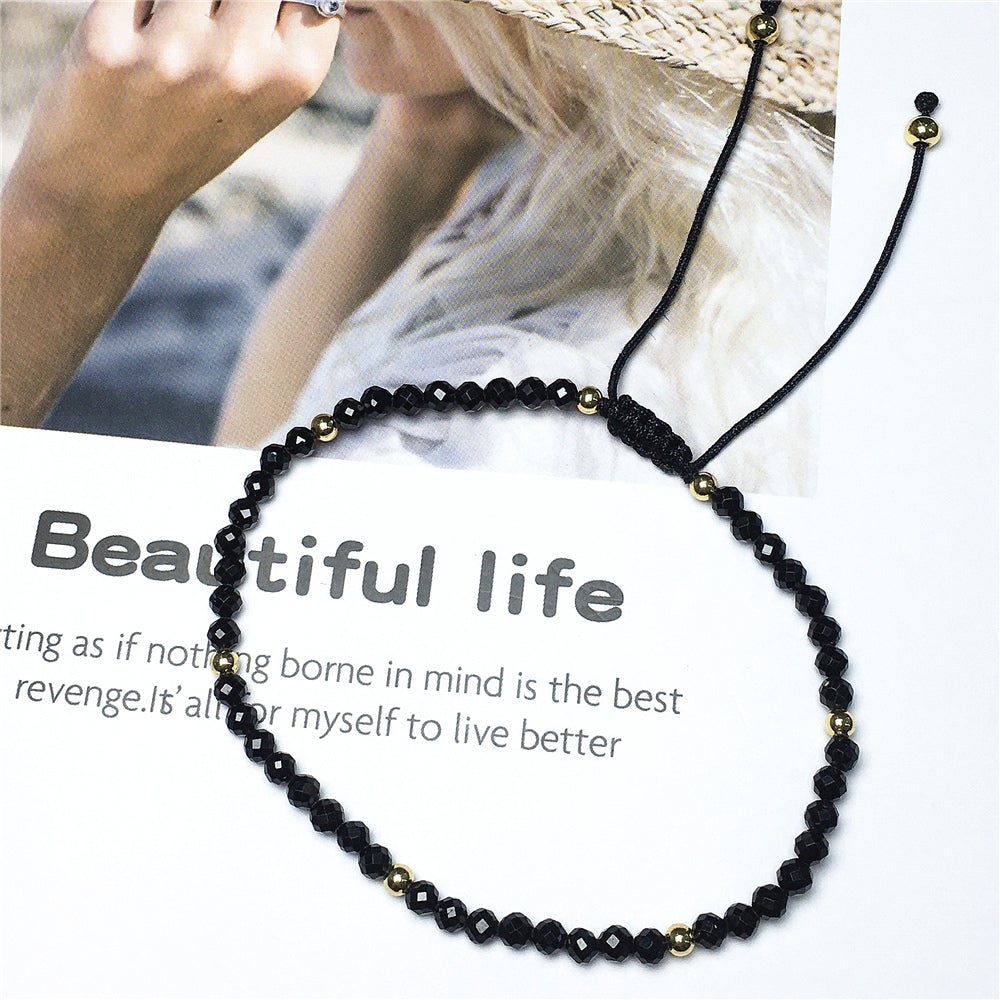 Natural Black Spinel Gemstone Braid Rope Macrame Adjustable Bracelet Tiny Beads Gemstone Bracelet with Gold Beads Spacer