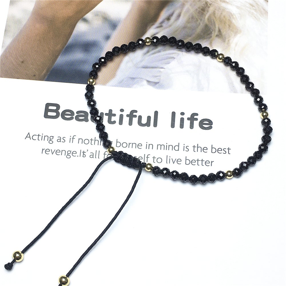 Natural Black Spinel Gemstone Braid Rope Macrame Adjustable Bracelet Tiny Beads Gemstone Bracelet with Gold Beads Spacer