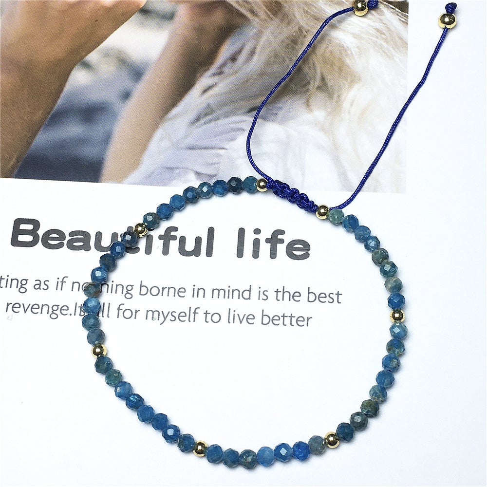 Natural Blue Apatite Gemstone Braid Rope Macrame Adjustable Bracelet Tiny Beads Gemstone Bracelet with Gold Beads Spacer