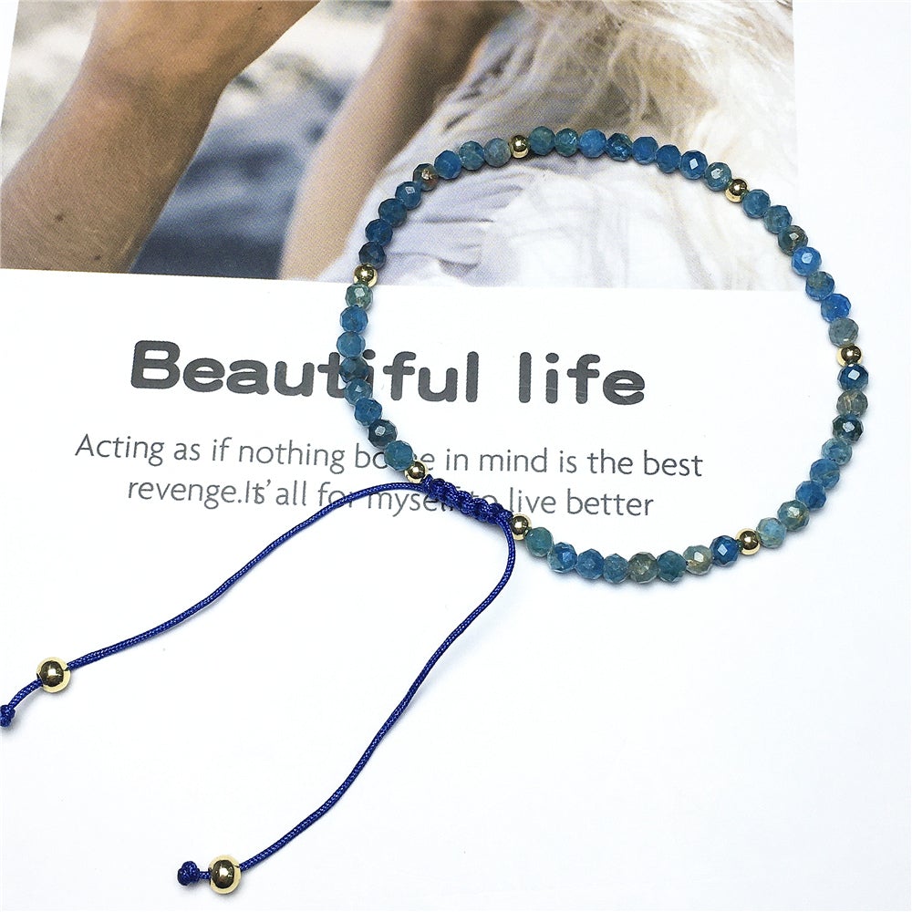 Natural Blue Apatite Gemstone Braid Rope Macrame Adjustable Bracelet Tiny Beads Gemstone Bracelet with Gold Beads Spacer