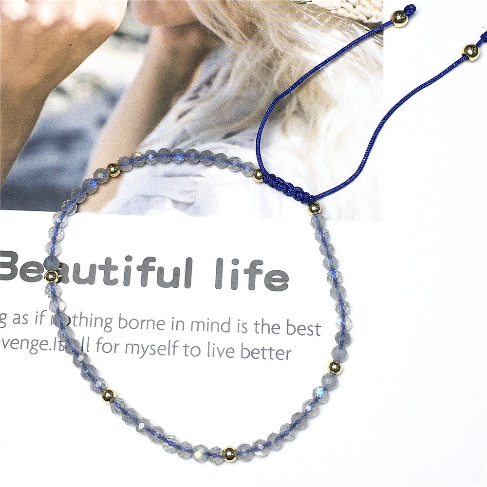 Natural Labradorite Gemstone Braid Rope Macrame Adjustable Bracelet Tiny Beads Gemstone Bracelet with Gold Beads Spacer
