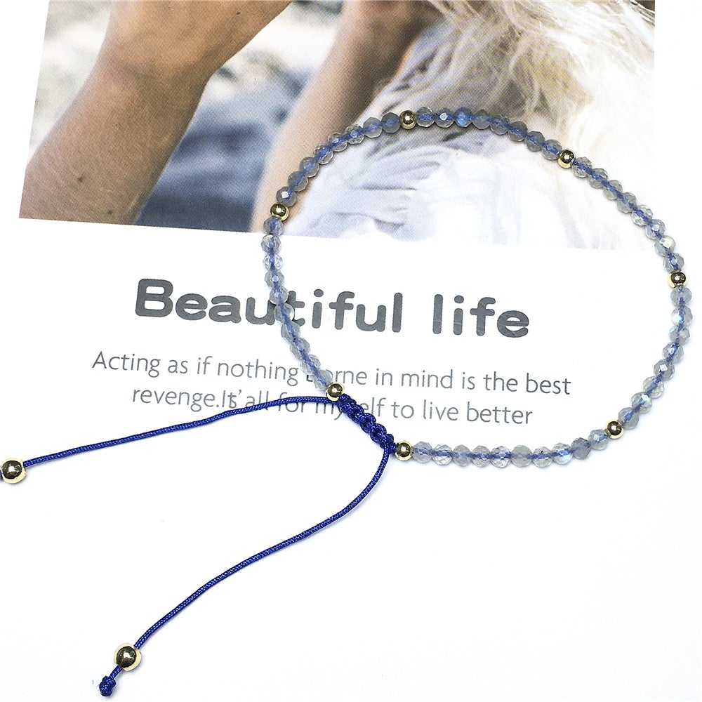 Natural Labradorite Gemstone Braid Rope Macrame Adjustable Bracelet Tiny Beads Gemstone Bracelet with Gold Beads Spacer