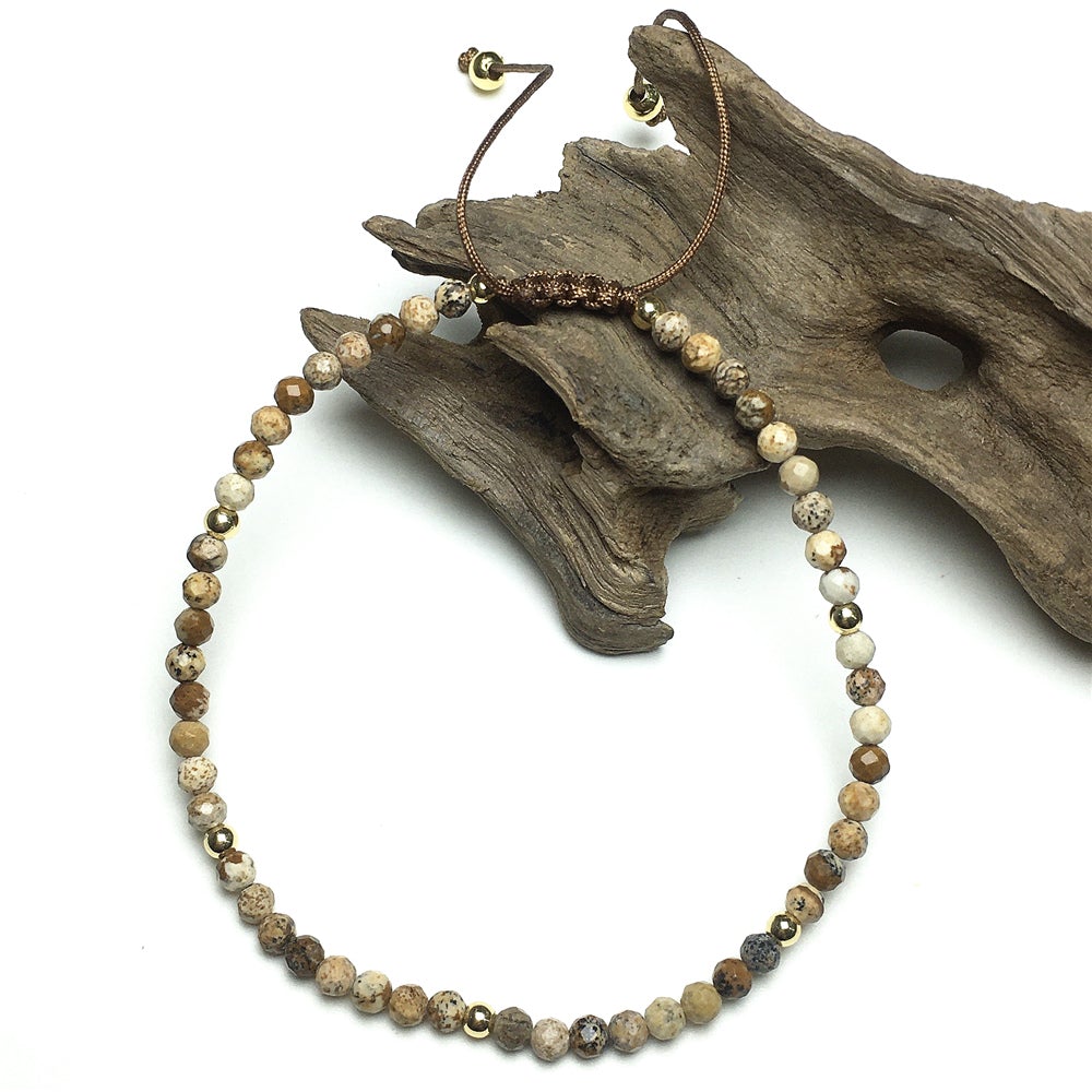 Natural Picture Jasper Gemstone Braid Rope Macrame Adjustable Bracelet Tiny Beads Gemstone Bracelet with Gold Beads Spacer