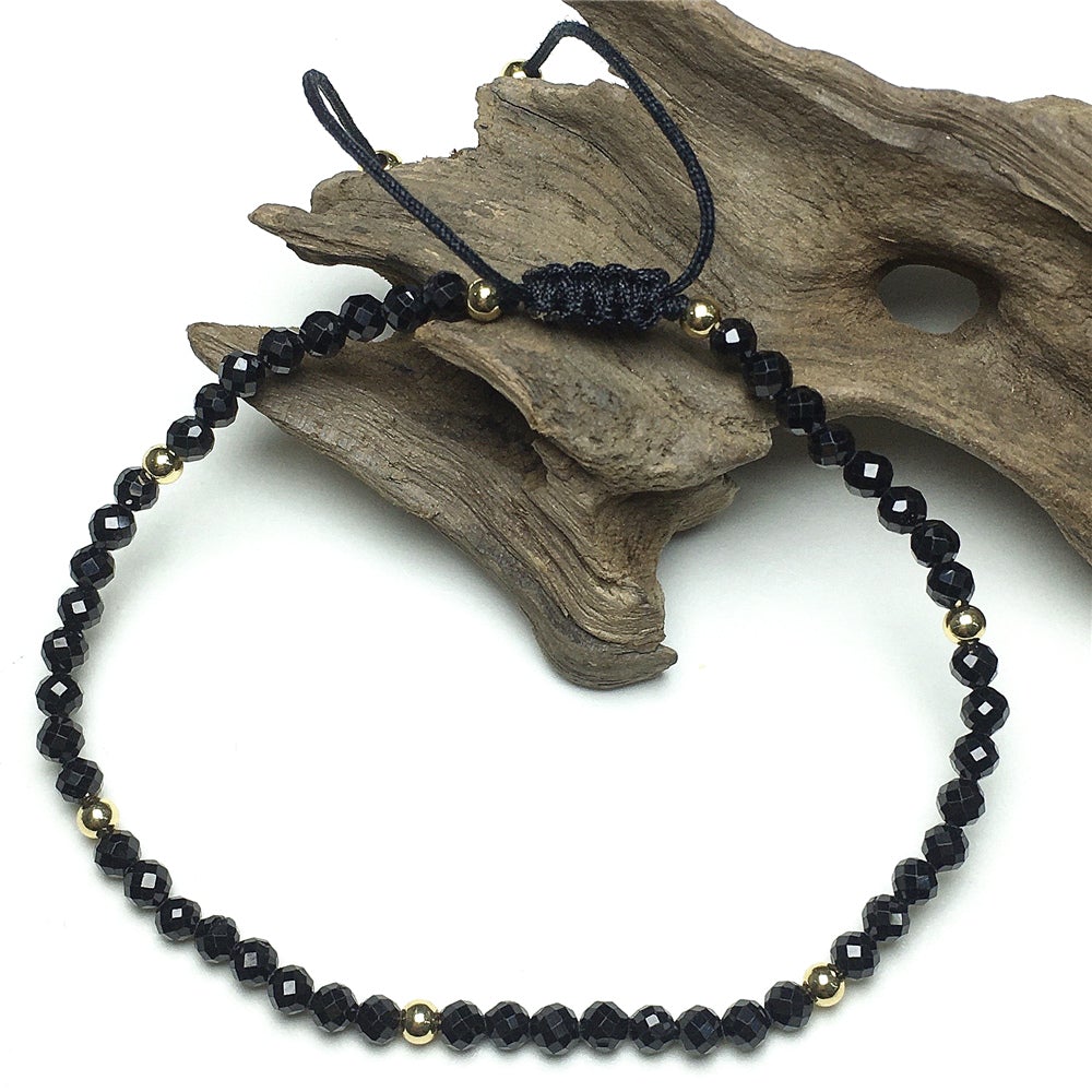 Natural Black Spinel Gemstone Braid Rope Macrame Adjustable Bracelet Tiny Beads Gemstone Bracelet with Gold Beads Spacer