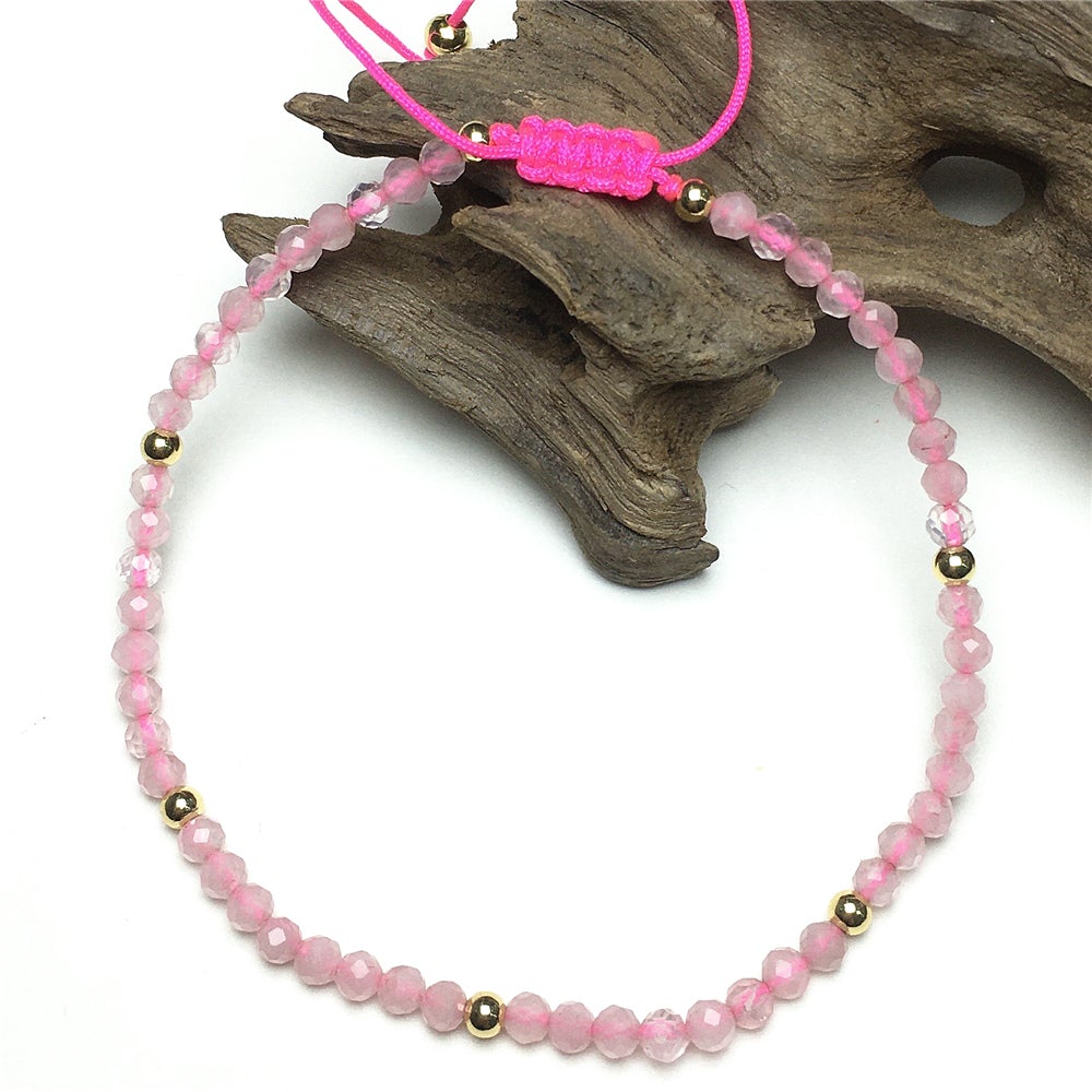 Natural Pink Rose Quartz Gemstone Braid Rope Macrame Adjustable Bracelet Tiny Beads Gemstone Bracelet with Gold Beads Spacer