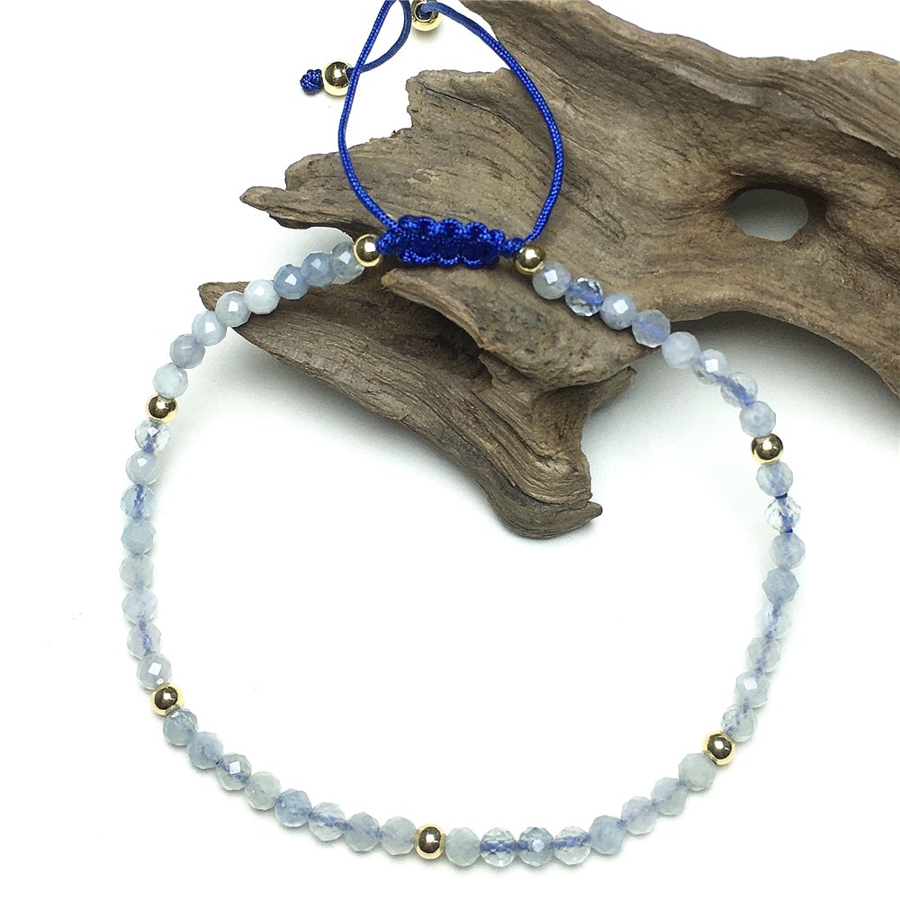 Natural Aquamarine Gemstone Braid Rope Macrame Adjustable Bracelet Tiny Beads Gemstone Bracelet with Gold Beads Spacer