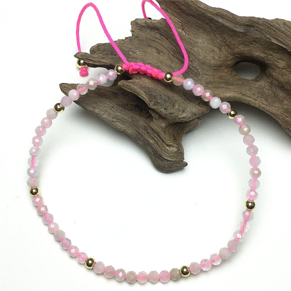 Natural Morganite Gemstone Braid Rope Macrame Adjustable Bracelet Tiny Beads Gemstone Bracelet with Gold Beads Spacer