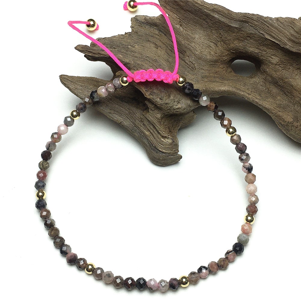 Natural Pink Rhodonite Gemstone Braid Rope Macrame Adjustable Bracelet Tiny Beads Gemstone Bracelet with Gold Beads Spacer