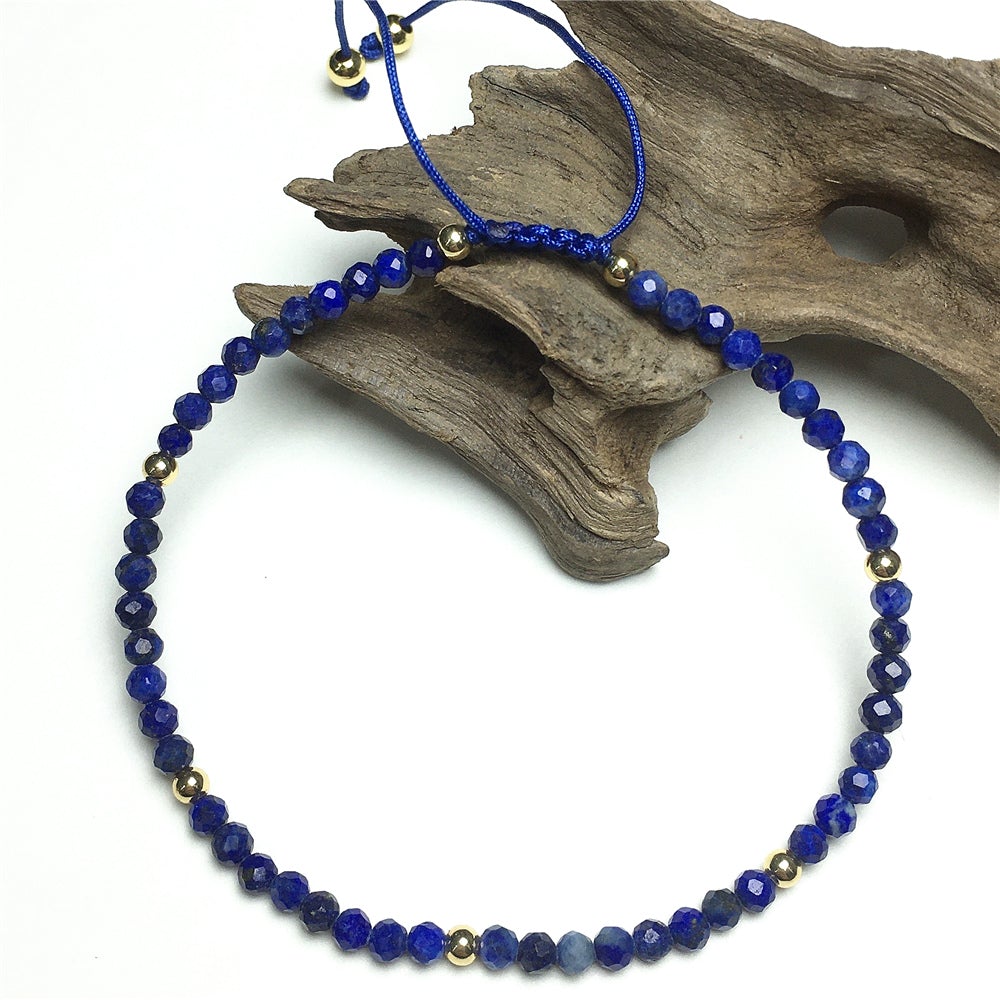 Natural Lapis Lazuli Gemstone Braid Rope Macrame Adjustable Bracelet Tiny Beads Gemstone Bracelet with Gold Beads Spacer