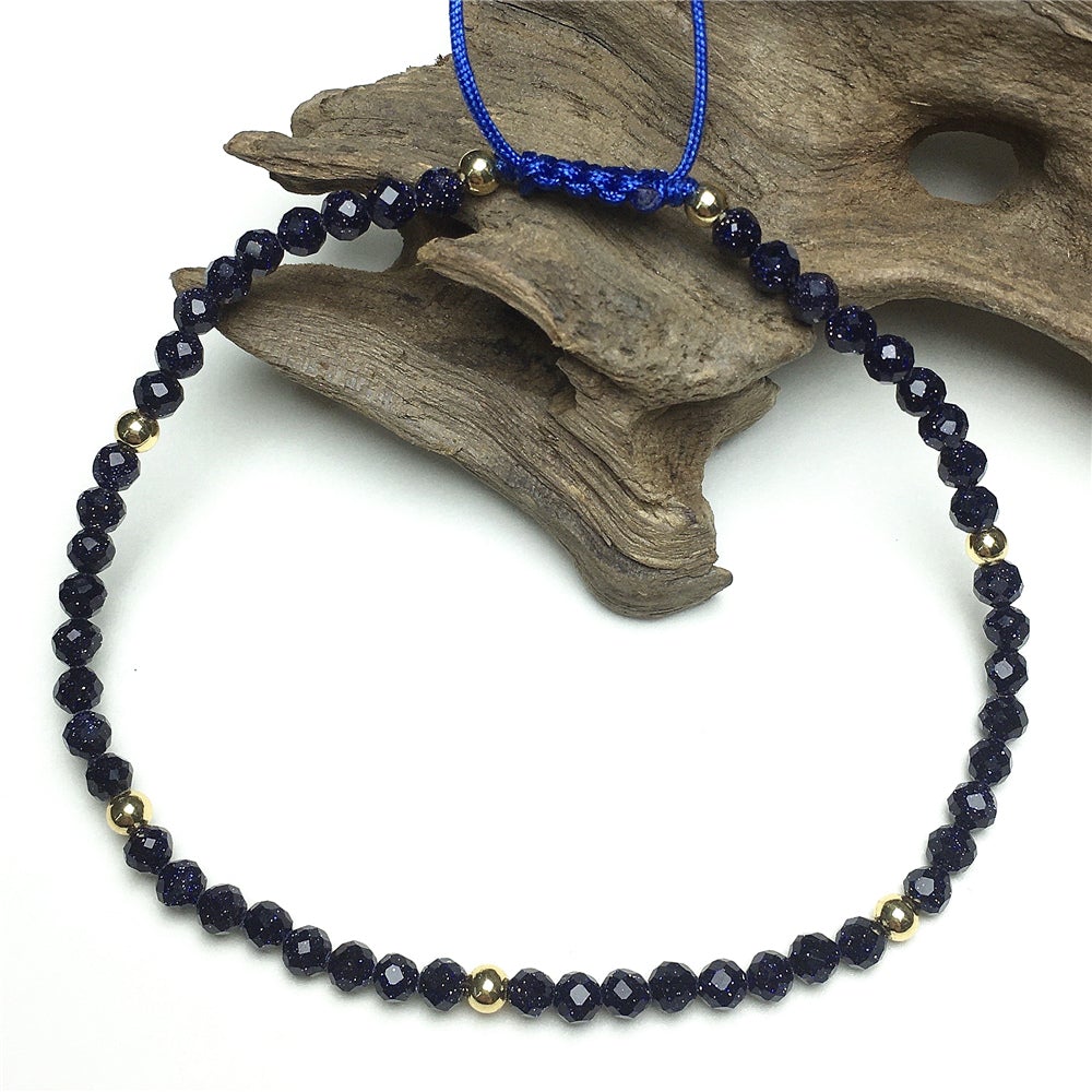 Natural Blue Sandstone Gemstone Braid Rope Macrame Adjustable Bracelet Tiny Beads Gemstone Bracelet with Gold Beads Spacer