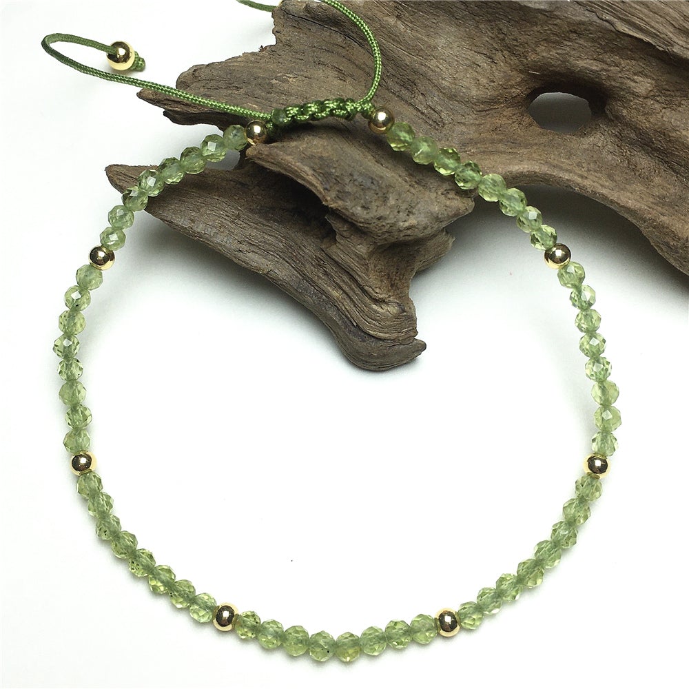 Natural Peridot Gemstone Braid Rope Macrame Adjustable Bracelet Tiny Beads Gemstone Bracelet with Gold Beads Spacer