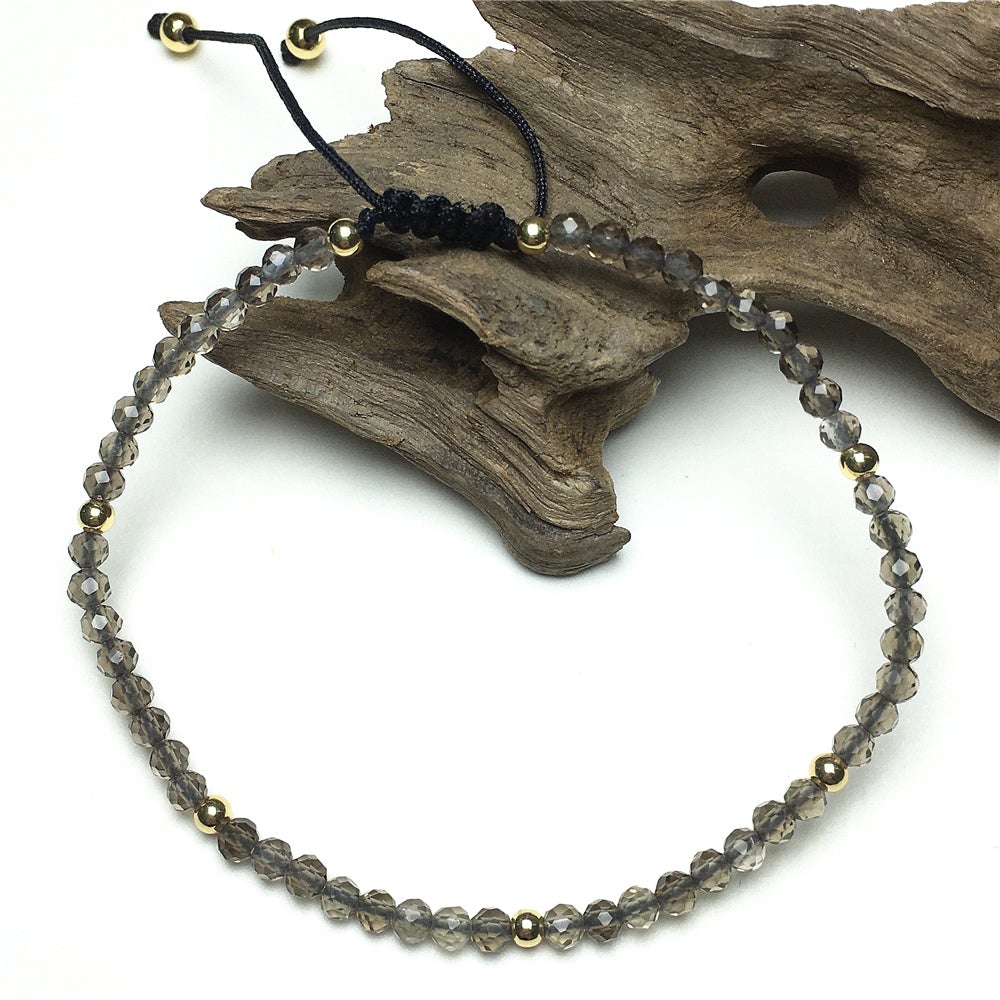 Natural Smoky Quartz Gemstone Braid Rope Macrame Adjustable Bracelet Tiny Beads Gemstone Bracelet with Gold Beads Spacer