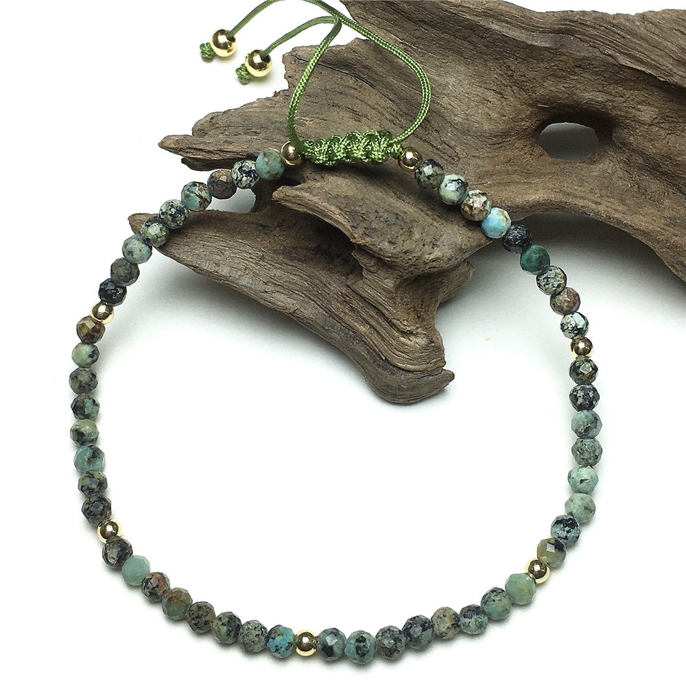 Natural African Turquoise Gemstone Braid Rope Macrame Adjustable Bracelet Tiny Beads Gemstone Bracelet with Gold Beads Spacer