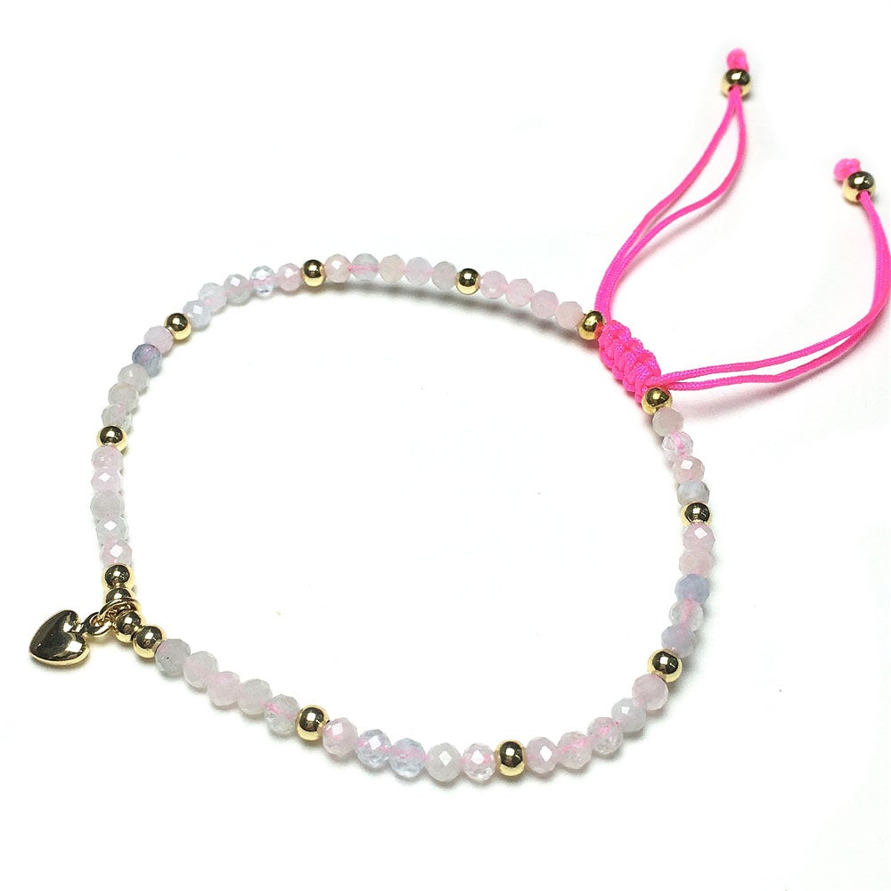 Morganite Gemstone Braid Rope Macrame Adjustable Bracelet Tiny Beads Gemstone Bracelet with Love Heart Charm