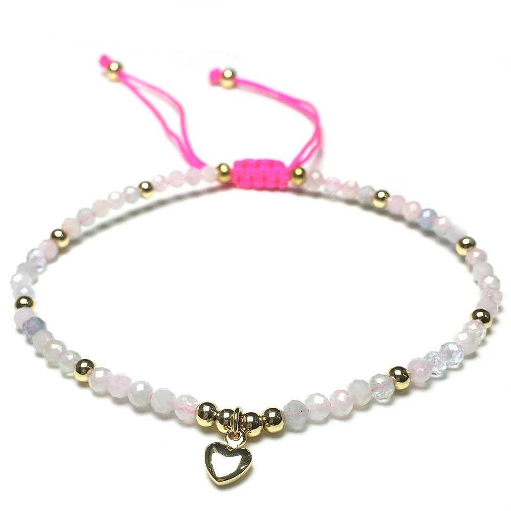 Morganite Gemstone Braid Rope Macrame Adjustable Bracelet Tiny Beads Gemstone Bracelet with Love Heart Charm