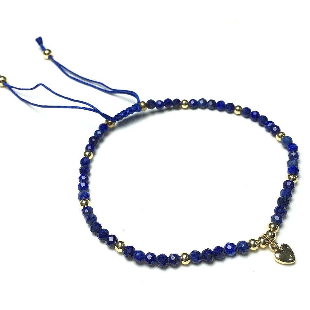 Lapis Gemstone Braid Rope Macrame Adjustable Bracelet Tiny Beads Gemstone Bracelet with Love Heart Charm