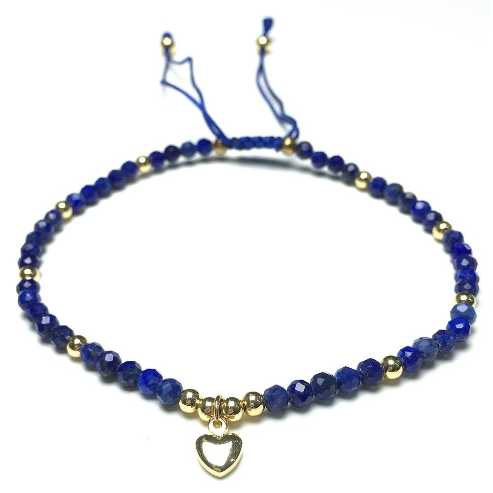 Lapis Gemstone Braid Rope Macrame Adjustable Bracelet Tiny Beads Gemstone Bracelet with Love Heart Charm