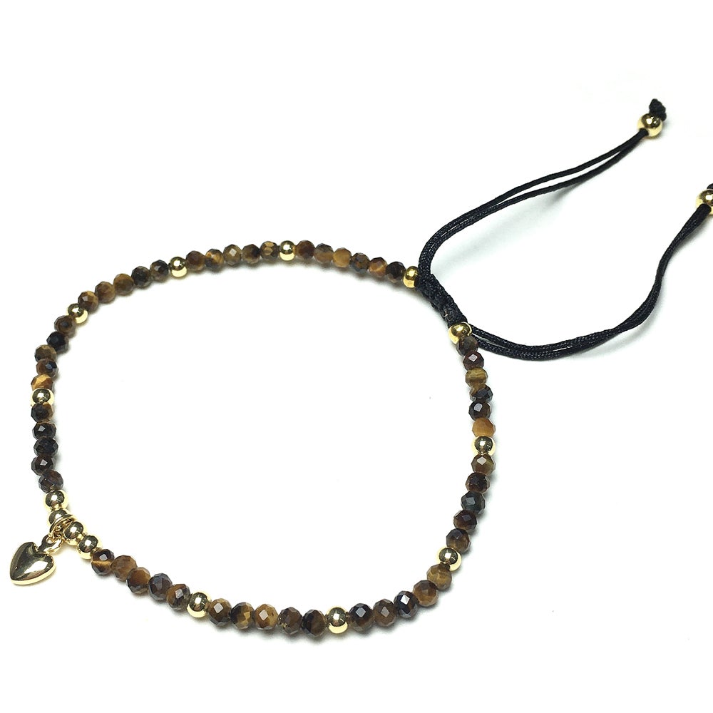 Tiger Eyes Gemstone Braid Rope Macrame Adjustable Bracelet Tiny Beads Gemstone Bracelet with Love Heart Charm