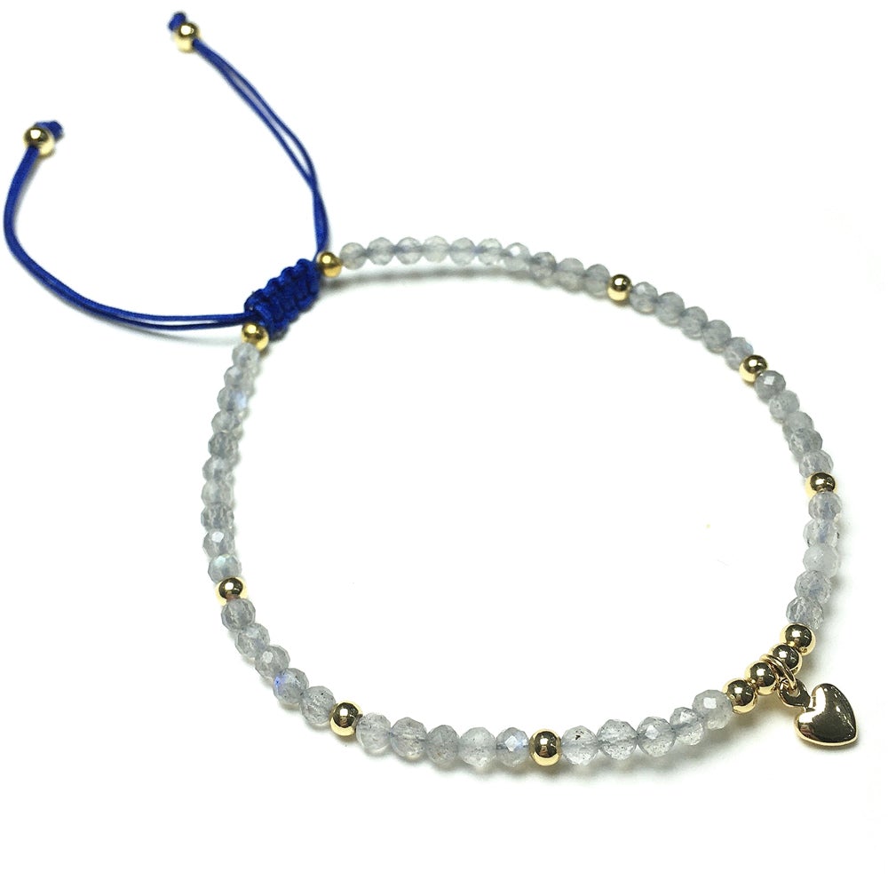 Labradorite Gemstone Braid Rope Macrame Adjustable Bracelet Tiny Beads Gemstone Bracelet with Love Heart Charm