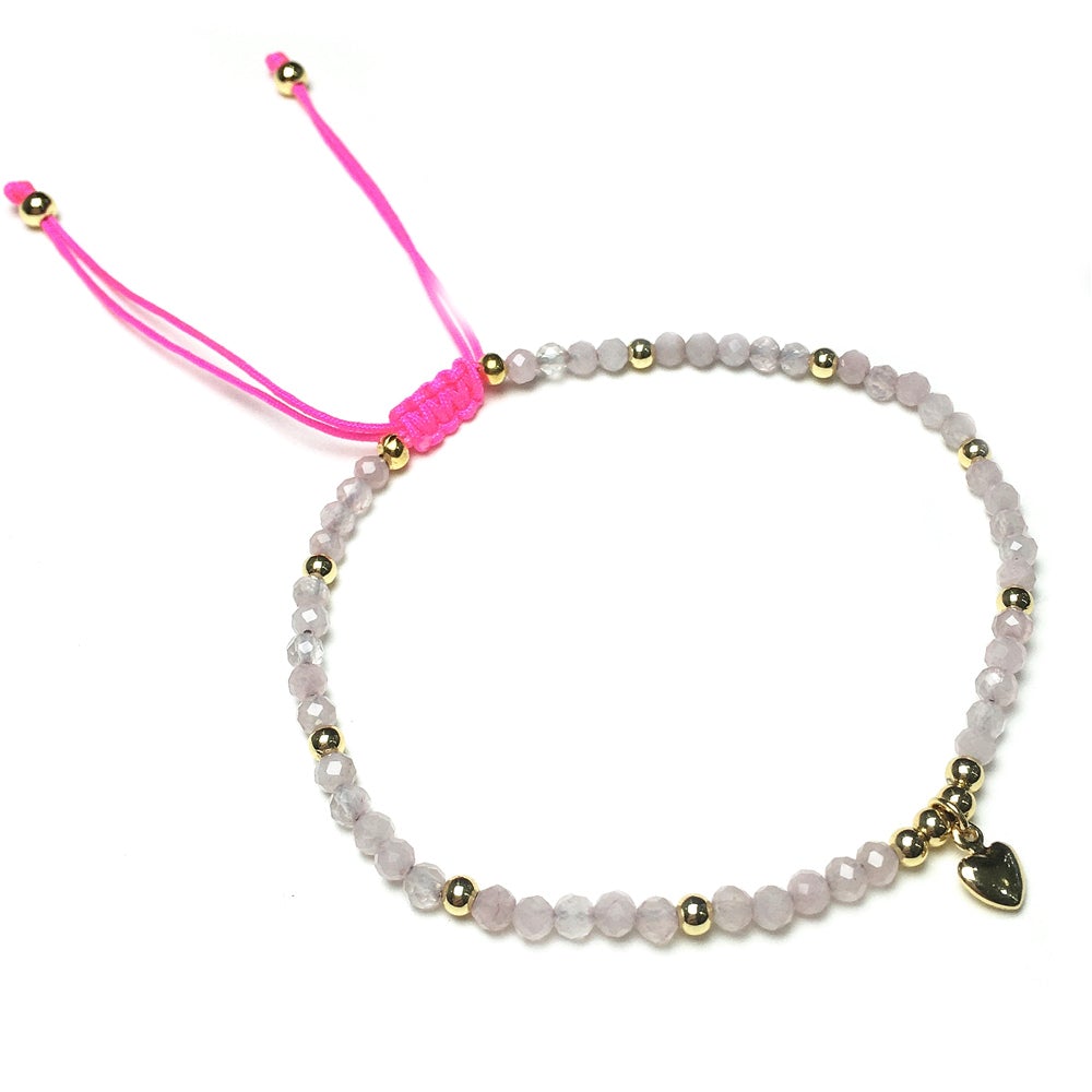 Rose Quartz Gemstone Braid Rope Macrame Adjustable Bracelet Tiny Beads Gemstone Bracelet with Love Heart Charm