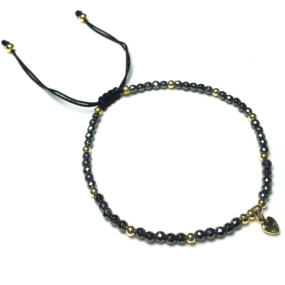 Hematite Gemstone Braid Rope Macrame Adjustable Bracelet Tiny Beads Gemstone Bracelet with Love Heart Charm