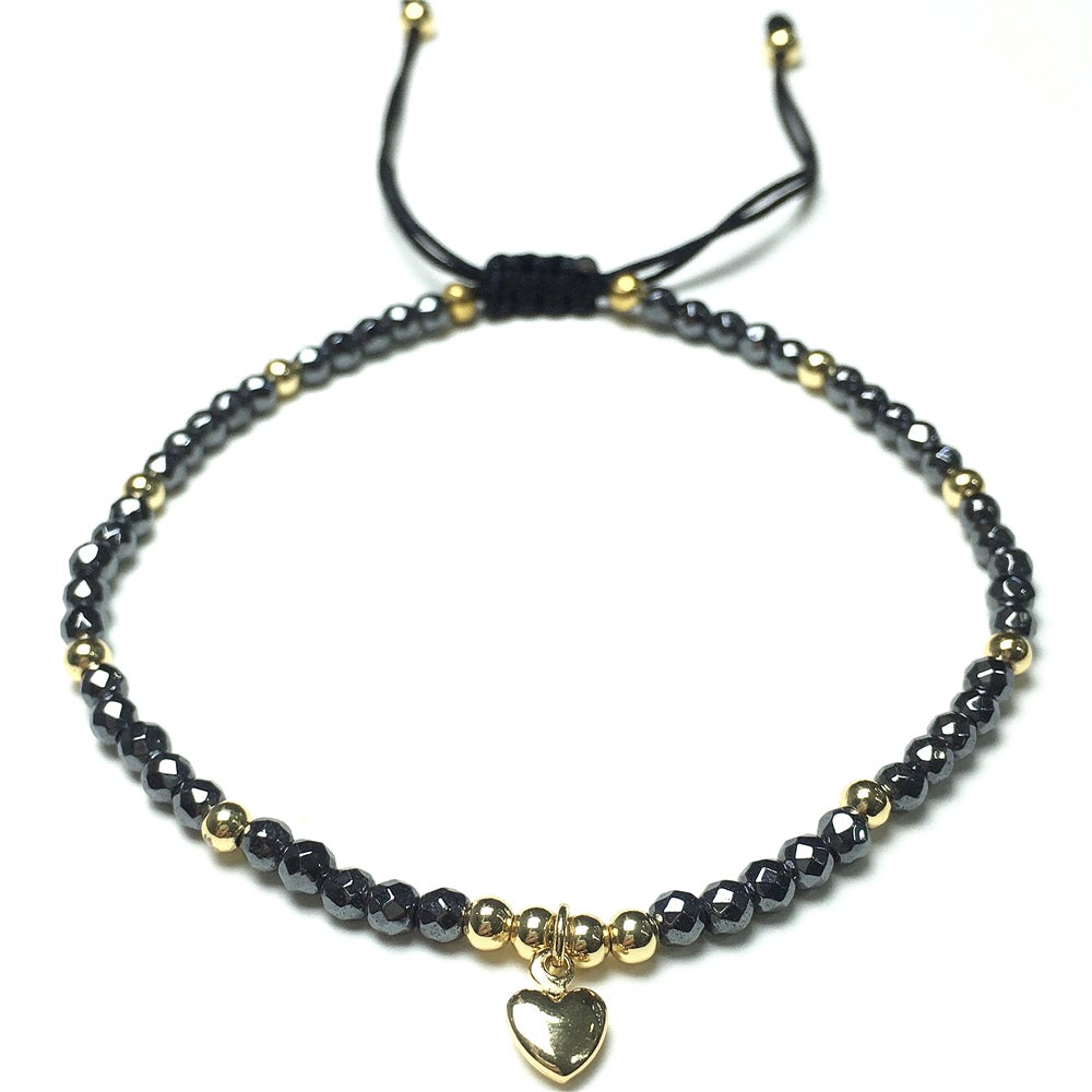 Hematite Gemstone Braid Rope Macrame Adjustable Bracelet Tiny Beads Gemstone Bracelet with Love Heart Charm
