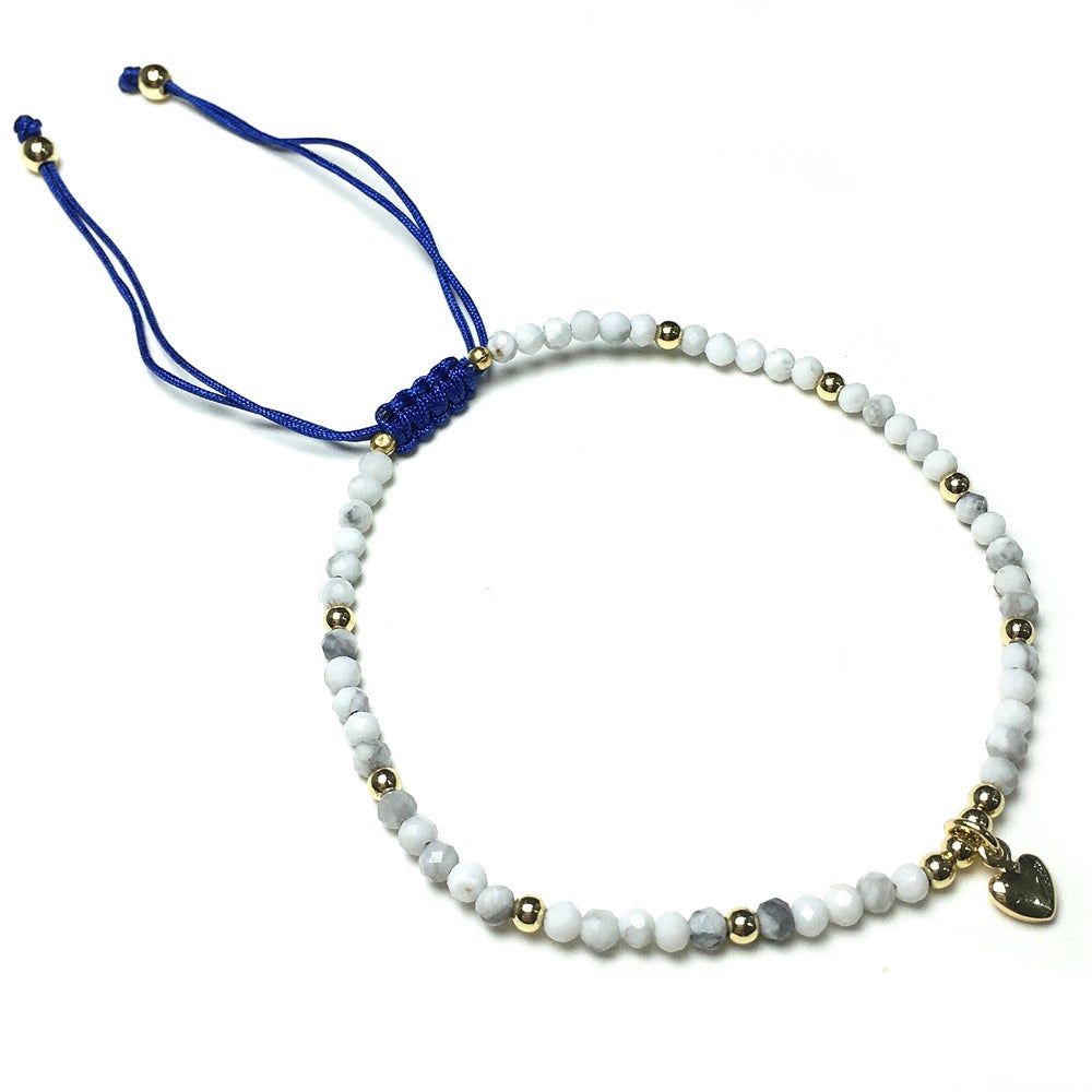 Howlite Gemstone Braid Rope Macrame Adjustable Bracelet Tiny Beads Gemstone Bracelet with Love Heart Charm