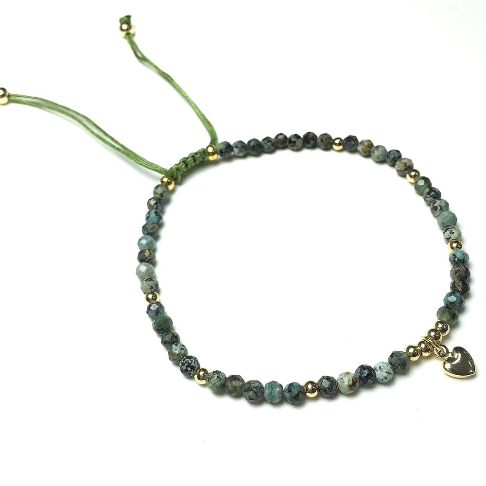 African Turquoise Gemstone Braid Rope Macrame Adjustable Bracelet Tiny Beads Gemstone Bracelet with Love Heart Charm