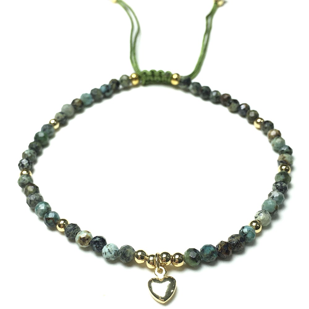 African Turquoise Gemstone Braid Rope Macrame Adjustable Bracelet Tiny Beads Gemstone Bracelet with Love Heart Charm