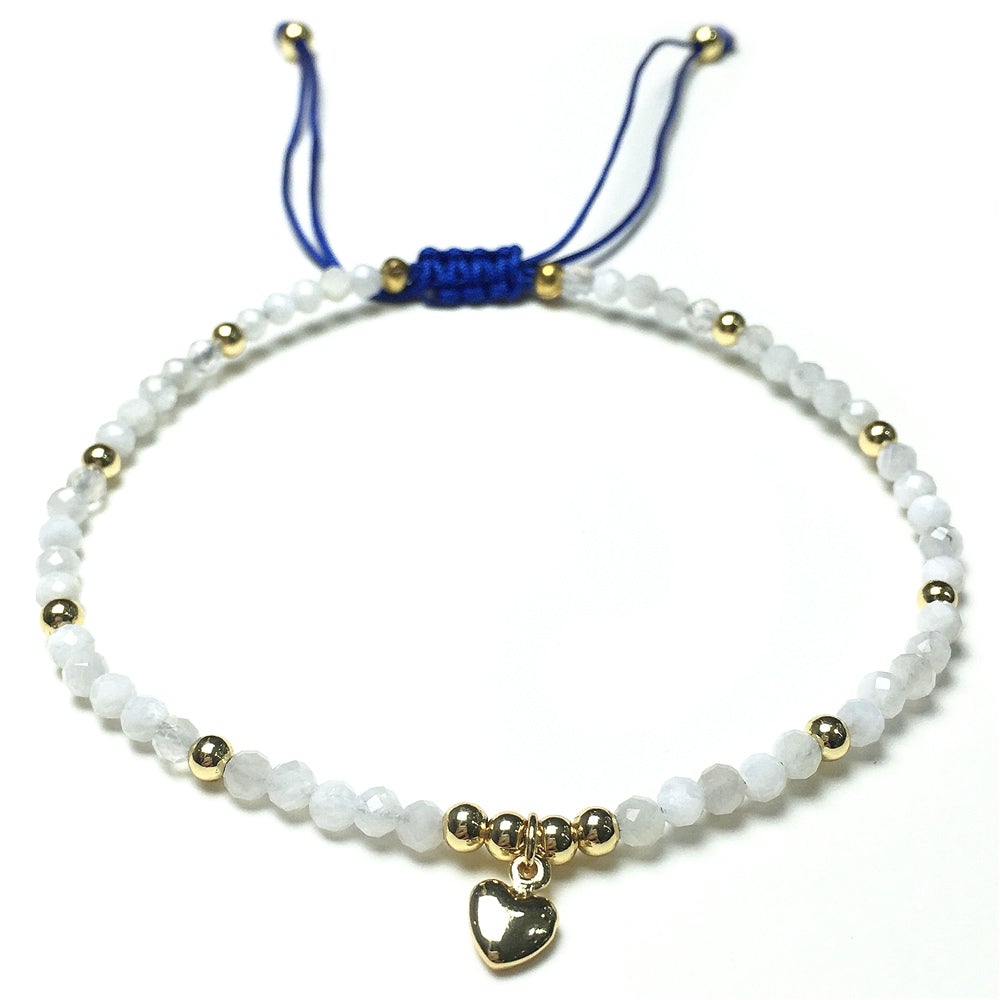 Moonstone Gemstone Braid Rope Macrame Adjustable Bracelet Tiny Beads Gemstone Bracelet with Love Heart Charm