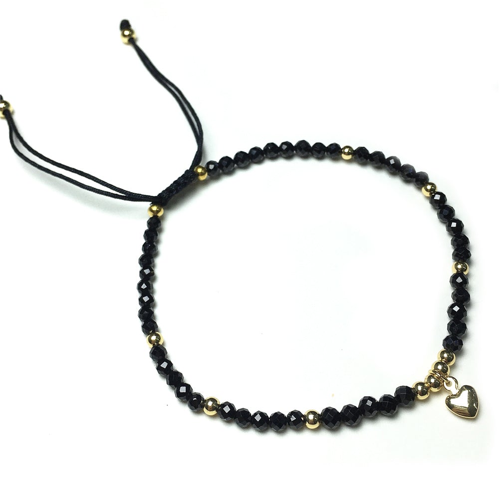 Black Spinel Gemstone Braid Rope Macrame Adjustable Bracelet Tiny Beads Gemstone Bracelet with Love Heart Charm