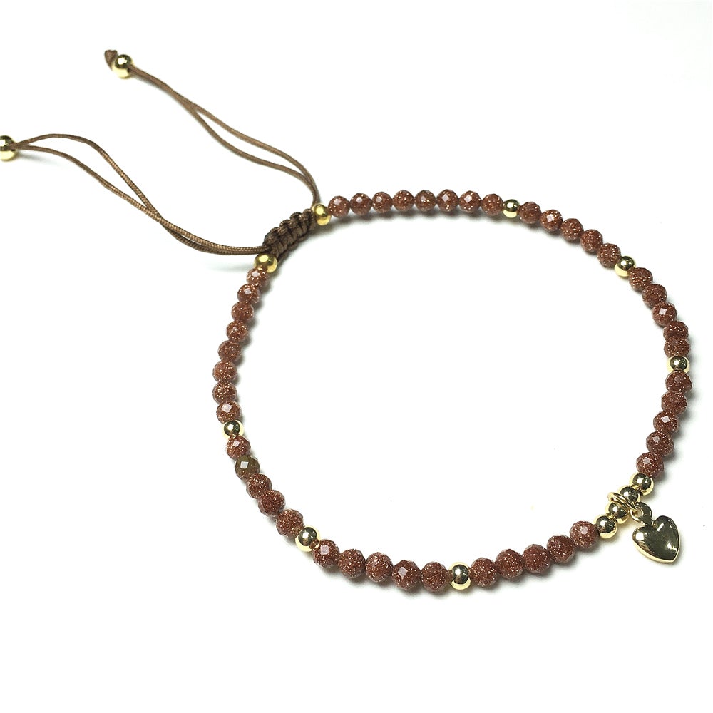 Gold Sandstone Gemstone Braid Rope Macrame Adjustable Bracelet Tiny Beads Gemstone Bracelet with Love Heart Charm