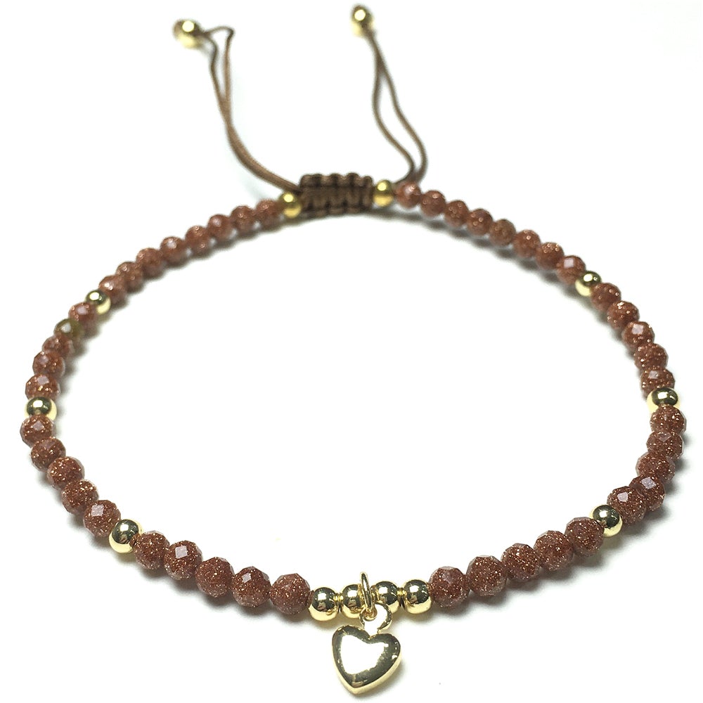 Gold Sandstone Gemstone Braid Rope Macrame Adjustable Bracelet Tiny Beads Gemstone Bracelet with Love Heart Charm