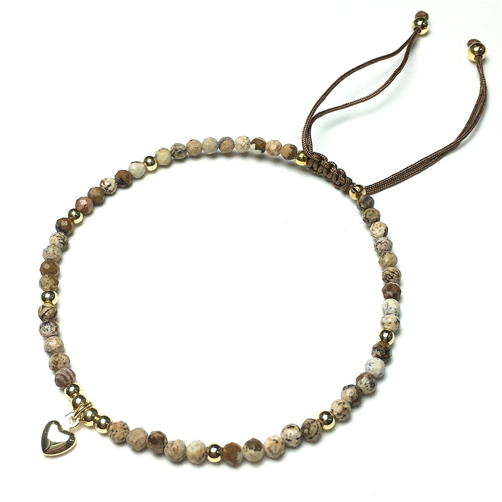 Picture Jasper Gemstone Braid Rope Macrame Adjustable Bracelet Tiny Beads Gemstone Bracelet with Love Heart Charm